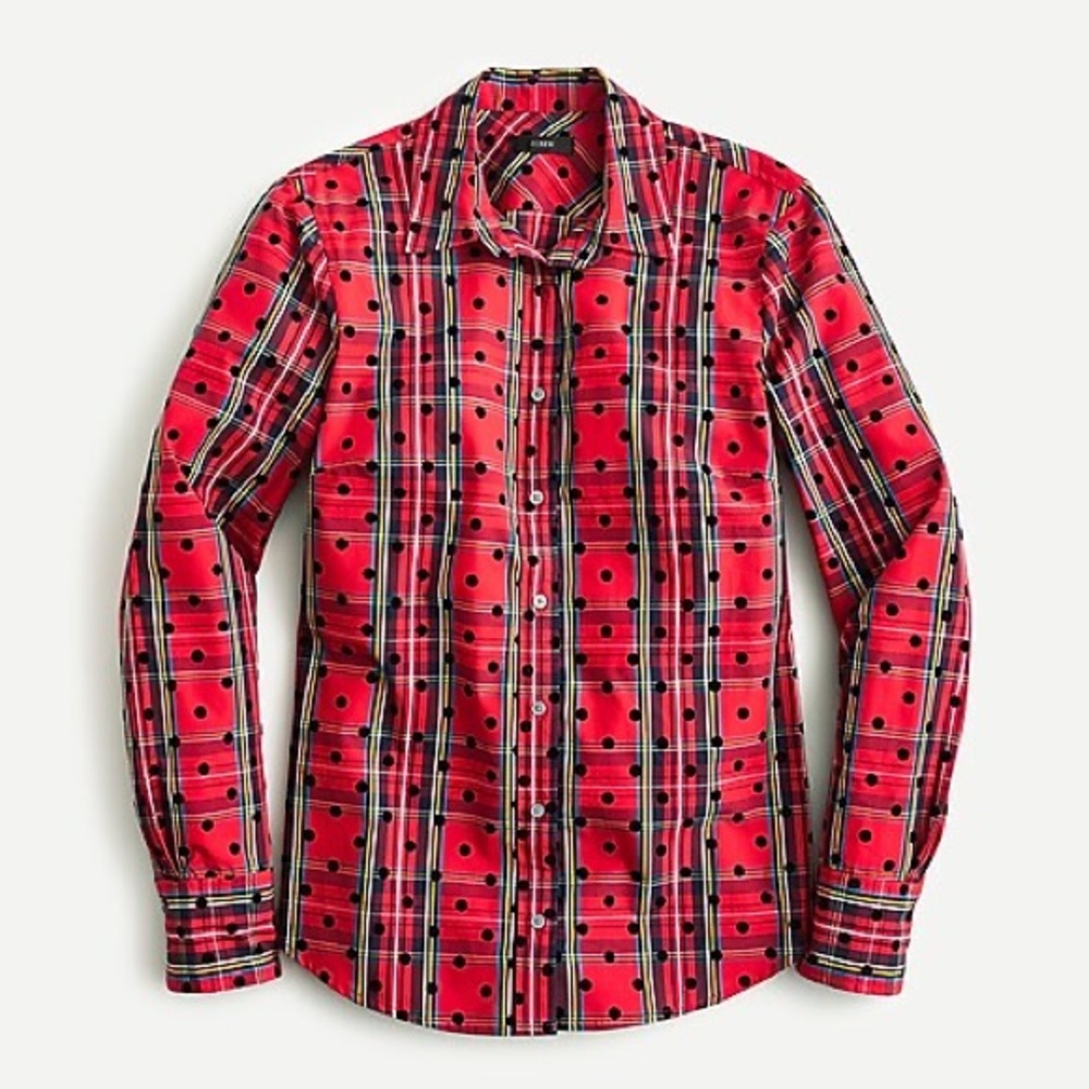 JCrew Shirt in red Stewart tartan w velvet dots